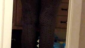 Wife in leggings showcasing her ass with a voyeur twist in milf style