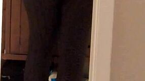 Wife in leggings showcasing her ass with a voyeur twist in milf style