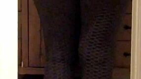 Wife in leggings showcasing her ass with a voyeur twist in milf style