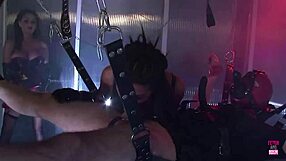 Two brunettes bound in latex ride strapons and hard cock together