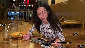 Who knew a public sushi bar blowjob could end with cum on her face while she eats rolls?