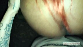 JOVEM RUIVA NEGRA TAKES HUGE TATTOOED COCK IN DARK FOREST HARDCORE!