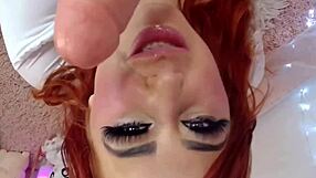 Naughty english nurse giving a tit wank to patient with cum covered dildo