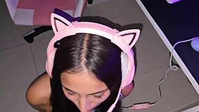 In this homemade video, the cute Latina gamer stepsister gets a huge cumshot after deepthroat blowjob and creampie action.