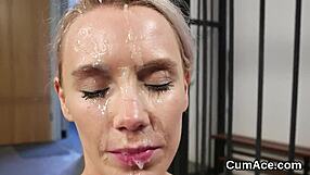 peculiar hottie gets jizz shot on her face swallowing all the ejaculate in extreme blowbang