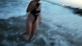 blonde shows tits and sucks cock on a public beach with brunette watching