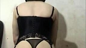 crossdressing masked ladyboy prostitute in lingerie shows ass to voyeur