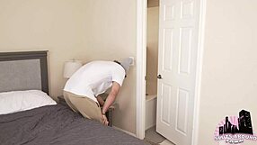 Guy raw fucks his cheating girlfriend's brunette roommate in dorm doggystyle and missionary until creampie