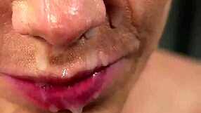 peculiar hottie gets jizz shot on her face swallowing all the ejaculate in extreme blowbang
