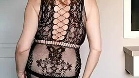 Sexy Black Net Dress Paired With High Heels Showcasing Huge Tits And Shaved Pussy Close Up