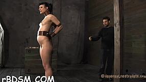 Engaging sweetie dominates by riding her sex-toy in BDSM blowjob fetish