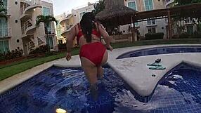 The curvy bbw girlfriend starts with a poolside tease, then rides her usa friend in homemade creampie action with huge natural tits bouncing