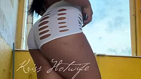 Naughty brazilian wife flashes big pussy and tits in short shorts to gym friend