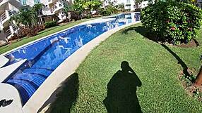 The curvy bbw girlfriend starts with a poolside tease, then rides her usa friend in homemade creampie action with huge natural tits bouncing