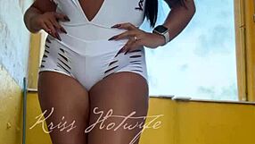 Naughty brazilian wife flashes big pussy and tits in short shorts to gym friend