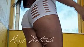 Naughty brazilian wife flashes big pussy and tits in short shorts to gym friend