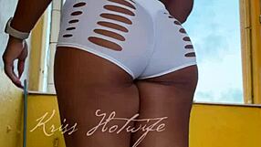 Naughty brazilian wife flashes big pussy and tits in short shorts to gym friend