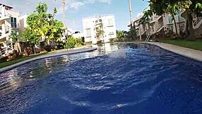 The curvy bbw girlfriend starts with a poolside tease, then rides her usa friend in homemade creampie action with huge natural tits bouncing