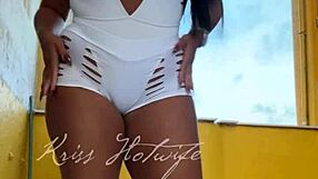 Naughty brazilian wife flashes big pussy and tits in short shorts to gym friend