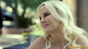 Busty blonde babe deepthroat blowjob and doggystyle fucking by big cock guy on first date