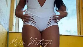 Naughty brazilian wife flashes big pussy and tits in short shorts to gym friend