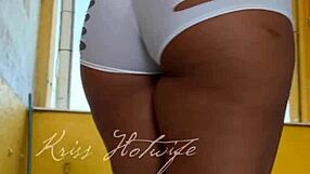 Naughty brazilian wife flashes big pussy and tits in short shorts to gym friend