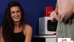 Hey, watch this British office voyeur getting her sub to tug in a cfnm humiliation scene at work