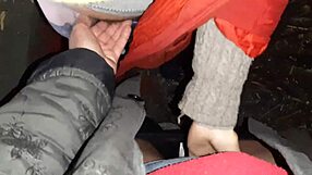 Brunette couple shares passionate autumn romantic sex in hut with hairy beaver and mutual masturbation