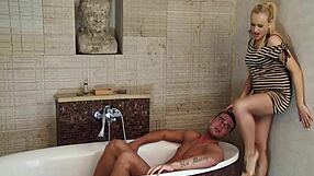 Footjob turns into deep fuck by sink for cute blonde