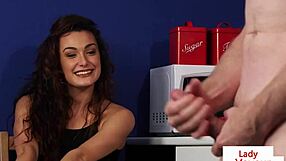 Hey, watch this British office voyeur getting her sub to tug in a cfnm humiliation scene at work