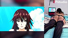 exotic ebony babe reacts to hot hentai blowjobs with cumshots on big tits and throat while showing off her fat ass