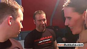 euro slut leaps on desk for hardcore drilling by multiple loaded cocks!