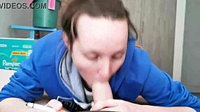 Petite Brunette Babe in Hoodie Sucking Huge Cock Until Cum Swallows