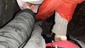 Brunette couple shares passionate autumn romantic sex in hut with hairy beaver and mutual masturbation