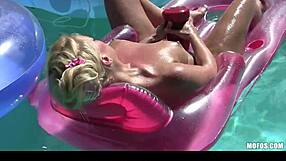 sexy bikini-clad blond with perfect ass strips down and relaxes outdoors