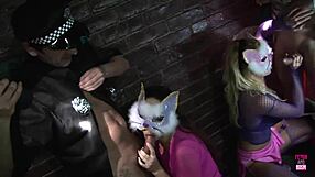 blonde whores in cosplay costumes ride big cocks in wild foursome. tight pussies get drilled doggystyle with cum in mouth.