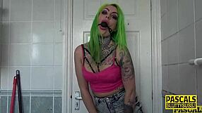 i'm like this inked-up fetish sub, ballgagged and throatin deep...