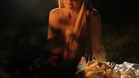 Petite blonde babe eva elfie reveals her stunning body while posing in a sexy costume outdoors