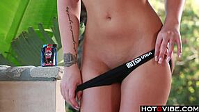 Curvy brunette fingers her wet pussy outdoors. She moans while using toys for intense pleasure.