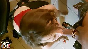 French amateur slut delivers deepthroat blowjob and rimjob in red satin bodysuit