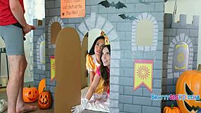 Two cute teen hoes in Halloween costumes teach him hardcore POV sex with ffm fingering, shaved pussy masturbation, and double anal assfucking in a wild game