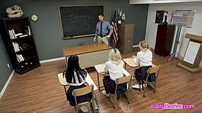 Slutty coeds in classroom pass around teacher's monster cock for hardcore group fucking