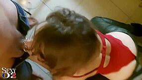 French amateur slut delivers deepthroat blowjob and rimjob in red satin bodysuit