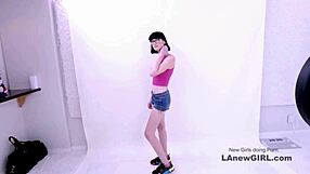 Beautiful brunette seduced by producer during modeling audition on sofa