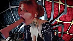 spider girl meridjane drops to knees for deep passionate throat fuck