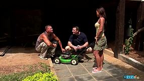 Gardeners pause work to double penetrate a tattooed Asian teen outdoors