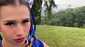 chun-li sucking cock hard then twerking that cosplay ass outdoor