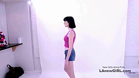 Beautiful brunette seduced by producer during modeling audition on sofa