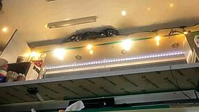 Sexy milf flashes long legs and big pussy lips upskirt in skirt at work