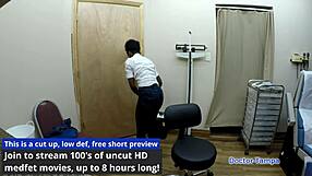 Why does petite nurse Rina Arem spread her shaved pussy during this checkup?